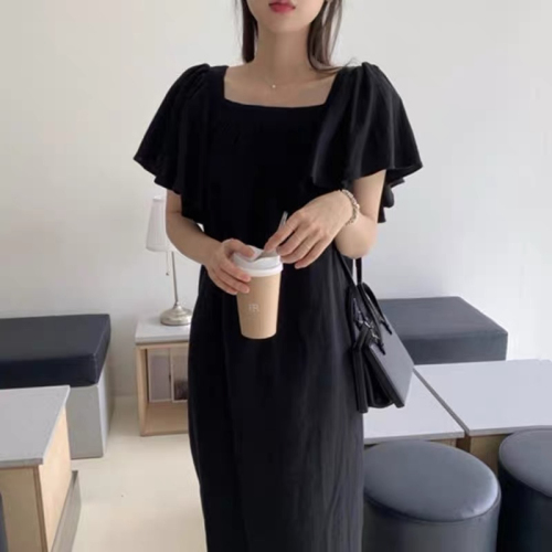 New Square Neck French Waist Dress Casual Korean Style Fashion Casual Long Skirt 2024 Summer New Style for Women