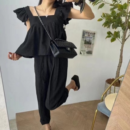 Korean chic niche retro square collar loose short fly sleeve shirt + high waist strappy wide leg pants