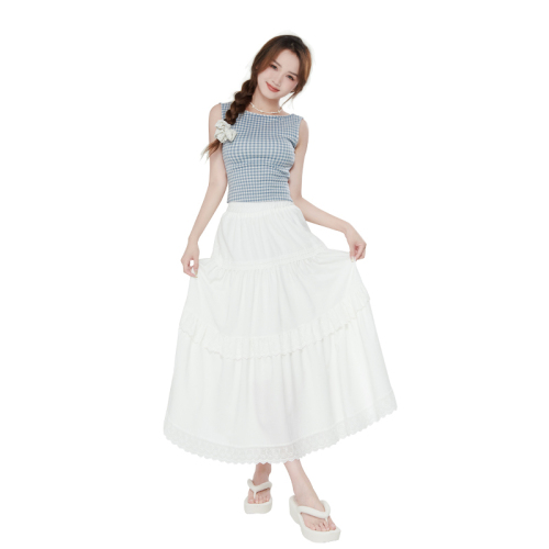 Actual shot of 2024 spring and summer new style elastic waist, hollow lace stitching cake skirt, casual mid-length skirt