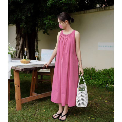 Simple temperament raspberry red vest dress women's summer new loose sleeveless casual seaside vacation mid-length skirt