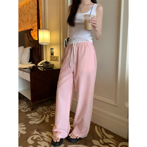 Real shot of sweet and cool lace plaid wide-leg pants summer niche casual trousers for women 2024 new striped walking pants