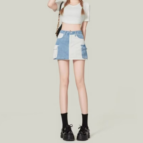 Color-blocked high-waisted versatile short skirt for small people, short skirt, a-line skirt, fashionable Korean style high-waisted slimming skirt