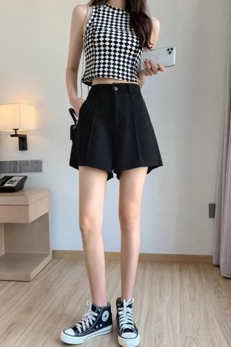 Real shot of suit shorts for women in summer thin wide-legged loose a-line high-waisted mid-pants large size fat five-point casual pants