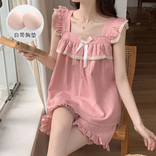 Real shot of pajamas with breast pads for women in summer 2024 new style small flying sleeve nightgown knitted cotton home clothes sweet and cute