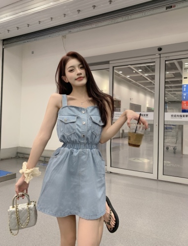 Real shot~Summer new style French niche chic sweet and spicy style small denim suspender dress for women