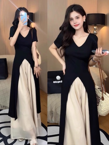 Pear-shaped figure black v-neck dress for women summer 2024 new style French style stunning and super nice long dress