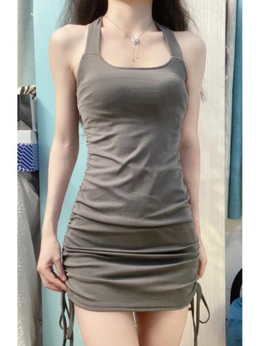 2024 new summer style pure lust hottie halter neck suspender dress female design sexy drawstring tight hip skirt