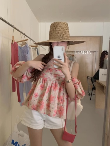 THE LEMON lemon green tea French style high-end leaky shoulder straps puff sleeve blouse women's summer baby blouse top