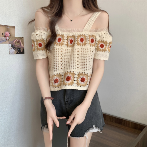 Bohemian resort style hollow lace off-shoulder sweater for women with summer design and sweet short suspender top