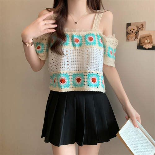 Bohemian resort style hollow lace off-shoulder sweater for women with summer design and sweet short suspender top