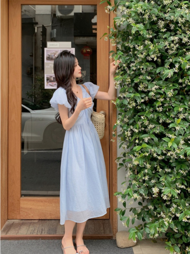 Official Photo French V-neck Puff Sleeve Dress for Small People New Style Waist Slimming Milk Blue Super Fairy A-Line Skirt