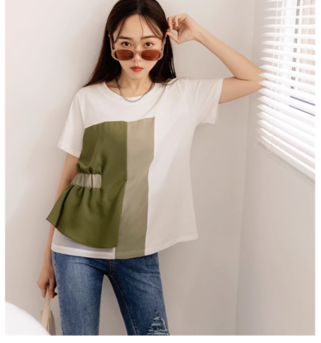 2024韩国夏季新款小众设计感个性撞色拼接t恤别致收腰短袖上衣女