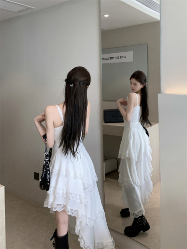 Real shot of white lace suspender dress for women, summer fairy design, irregular slanted waist long skirt