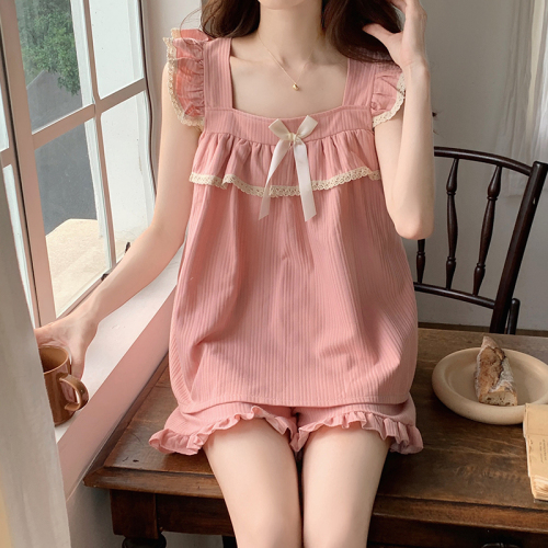 Real shot of pajamas with breast pads for women in summer 2024 new style small flying sleeve nightgown knitted cotton home clothes sweet and cute