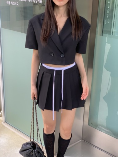 韩国chic法式短款西装外套上衣+拼接设计感百褶裙裤