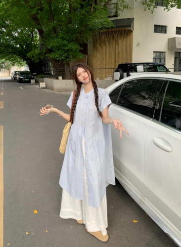 Actual shot ~ Literary retro loose casual fashion versatile striped long shirt + lace splicing wide-leg pants skirt