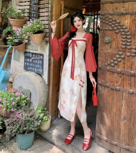 Plus size women's improved tube top Hanfu skirt temperament square neck printed slit trumpet sleeve dress
