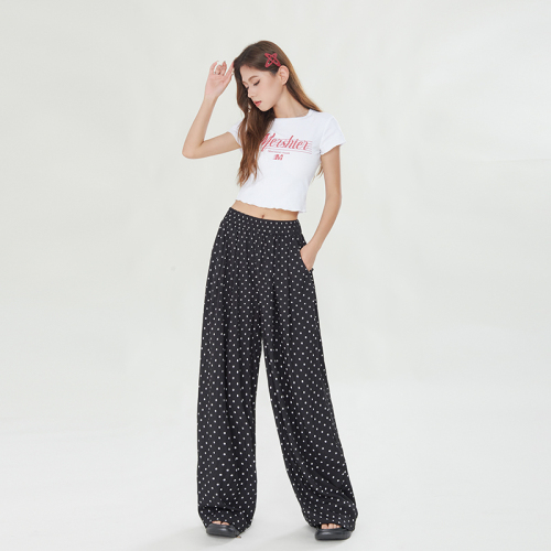 Real shot of 2024 summer new high-waisted loose casual pants for women with wide legs and drapey polka-dot Yamamoto pants