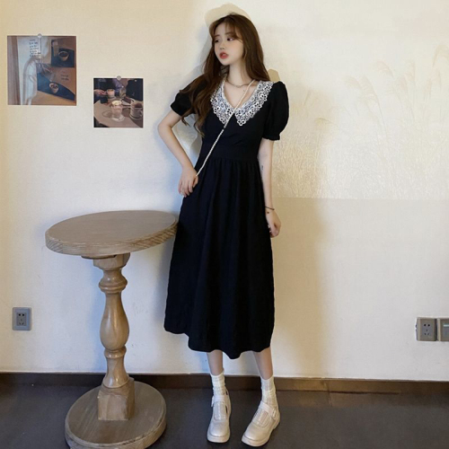 2024 French Retro Hepburn Style Puff Sleeve Dress Women’s Summer New Style Waist Slimming Long Dress