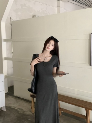Actual shot of the new square-neck button-down simple slim long high-end T-shirt dress with wide swing