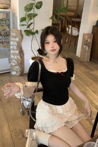 Real shot lace patchwork bow short-sleeved T-shirt women's summer new sweet slim-fit figure-flattering off-shoulder top