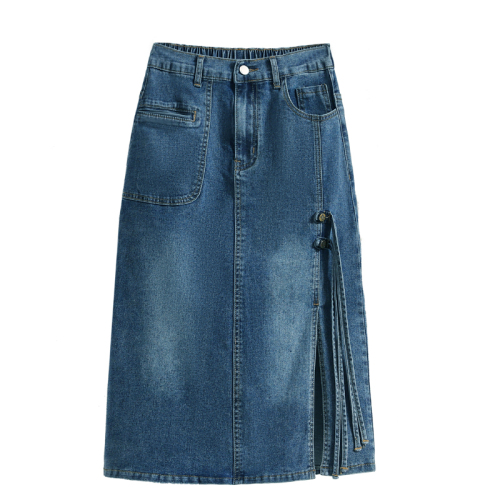 Actual shot of new summer large size elastic elastic waist thin denim skirt for fat girls casual mid-length A-line skirt