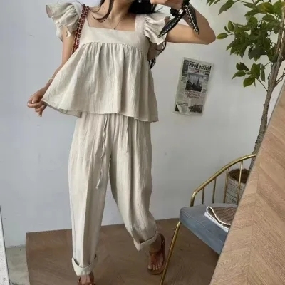 Korean chic niche retro square collar loose short fly sleeve shirt + high waist strappy wide leg pants