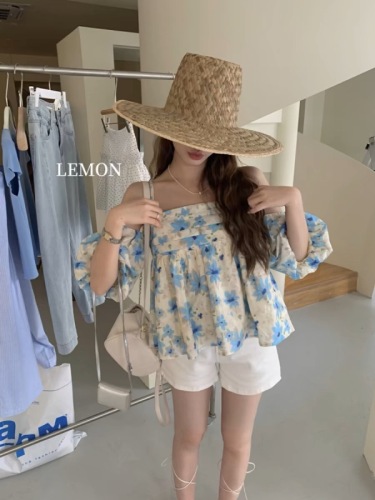 THE LEMON lemon green tea French style high-end leaky shoulder straps puff sleeve blouse women's summer baby blouse top