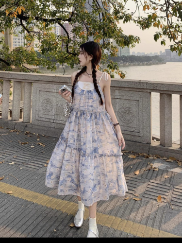 Summer new style holiday style floral suspender dress pastoral small ethnic forest style seaside beach long skirt for women