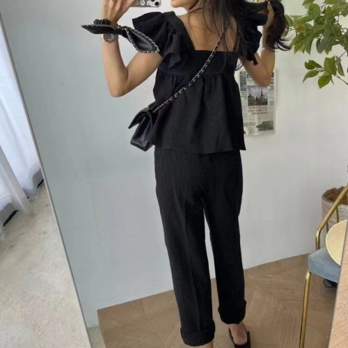 Korean chic niche retro square collar loose short fly sleeve shirt + high waist strappy wide leg pants