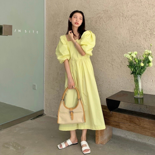 2024 Korean chic summer Dongdaemun new niche simple solid color square collar loose long dress for women