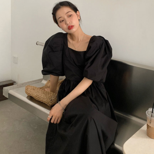 2024 Korean chic summer Dongdaemun new niche simple solid color square collar loose long dress for women