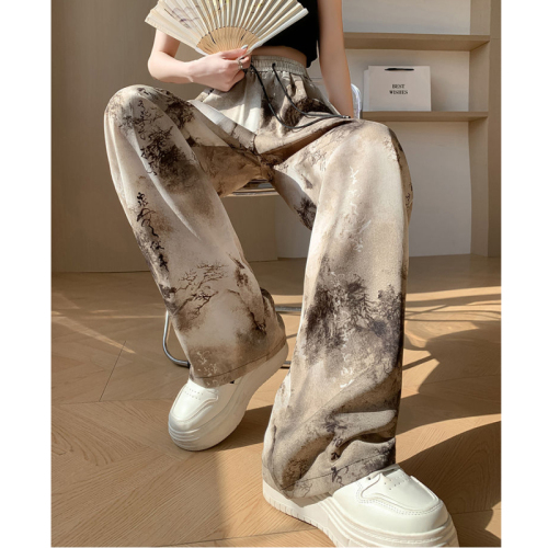 Ice silk quick-drying pants ink tie-dye casual wide-leg pants for women high-waisted straight-leg loose ice silk national style pants