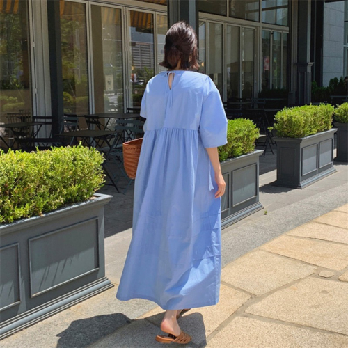 2024 Korean chic summer retro niche simple solid color loose puff sleeve long splicing dress for women