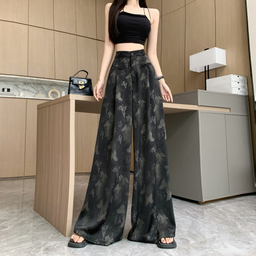 Black butterfly satin drape loose fashionable wide leg pants for women high waist slim design casual trousers