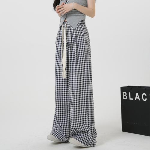 Actual shot 9773 loose wide-leg pants for women summer thin high-waist drape lazy plaid pants casual walking pants