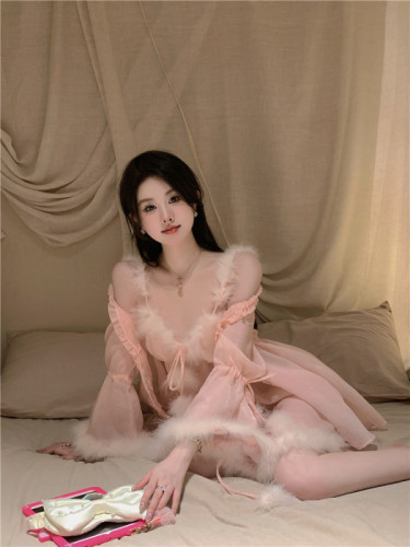 Actual shot of pure lust sexy slightly see-through furry splicing A-line suspender nightgown + long-sleeved robe 2-piece set