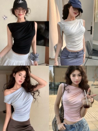 Real shot of summer pure lust sexy hot girl style irregular pleated slim sleeveless vest T-shirt navel top