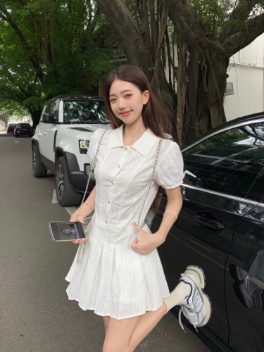 Real shot ~ College style white puff sleeve shirt dress, elegant waist, high-end and sweet short skirt