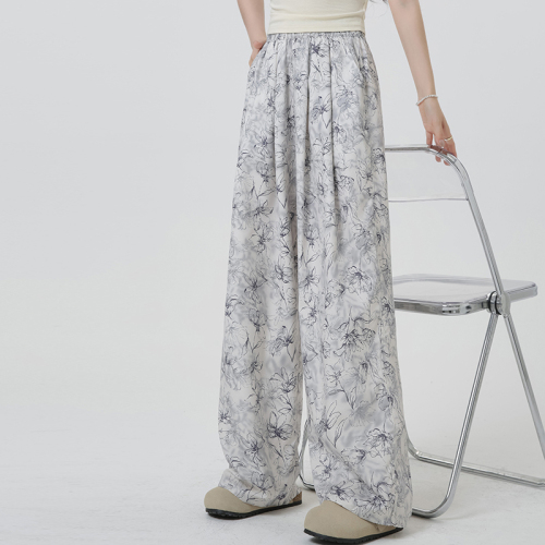 Actual shot 9776 ice silk wide leg pants for women summer thin drapey ink print lazy style sun protection casual pants