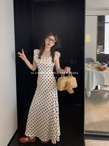 LUU Tao Xi'er/polka-dot satin dress French style slim sleeveless long dress design niche women's summer