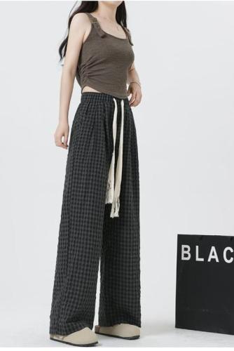 Actual shot 9773 loose wide-leg pants for women summer thin high-waist drape lazy plaid pants casual walking pants