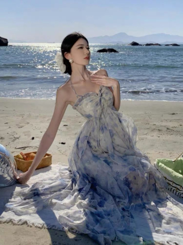 French Ruffle Floral Halter Dress Women's Summer Small Waist Backless Skirt Seaside Vacation Beach Skirt