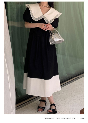 2024 Korean Summer New Korean Style Slim Hepburn Lotus Leaf Collar Dress Women's Waist Contrast Color Long Skirt