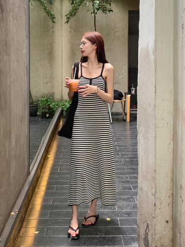 Actual shot~Spring and summer new style~Striped suspender dress women's waist slimming knitted long skirt French skirt