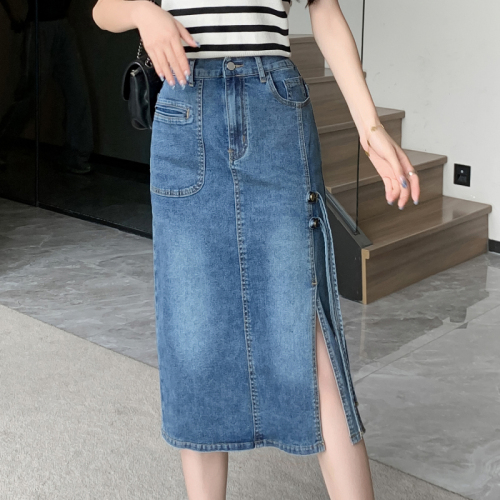 Actual shot of new summer large size elastic elastic waist thin denim skirt for fat girls casual mid-length A-line skirt