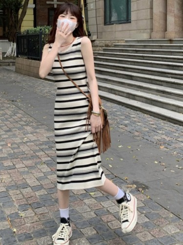 chic striped vest dress women's spring and summer Korean version 2024 new mid-length slim slim bottoming sleeveless dress