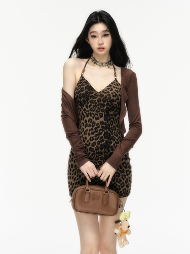 aoki doki leopard walking loli hot girl leopard print suspender skirt halter dress women summer slim hip skirt