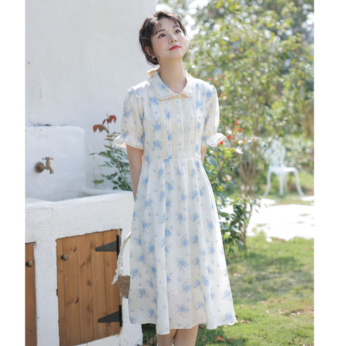 Actual shot of floral dress 2024 new summer Japanese style fresh and gentle style doll collar puff sleeve waist skirt