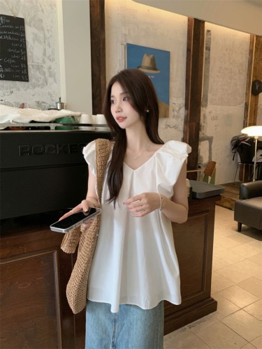 2024 summer mid-length v-neck Korean style loose age-reducing back strap small flying sleeve top shirt real shot